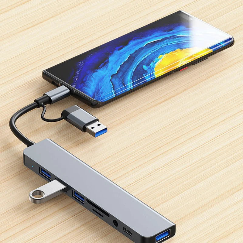 8-in-2 USB + Type-C HUB Docking Station with Audio Jack & Card Reader - Ingrid Just Unique