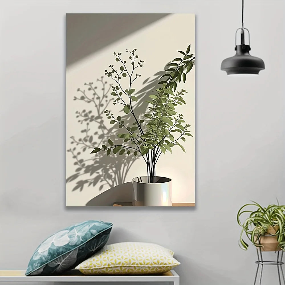Modern Frameless Canvas Art Print – Minimalist Potted Plant Design - Ingrid Just Unique