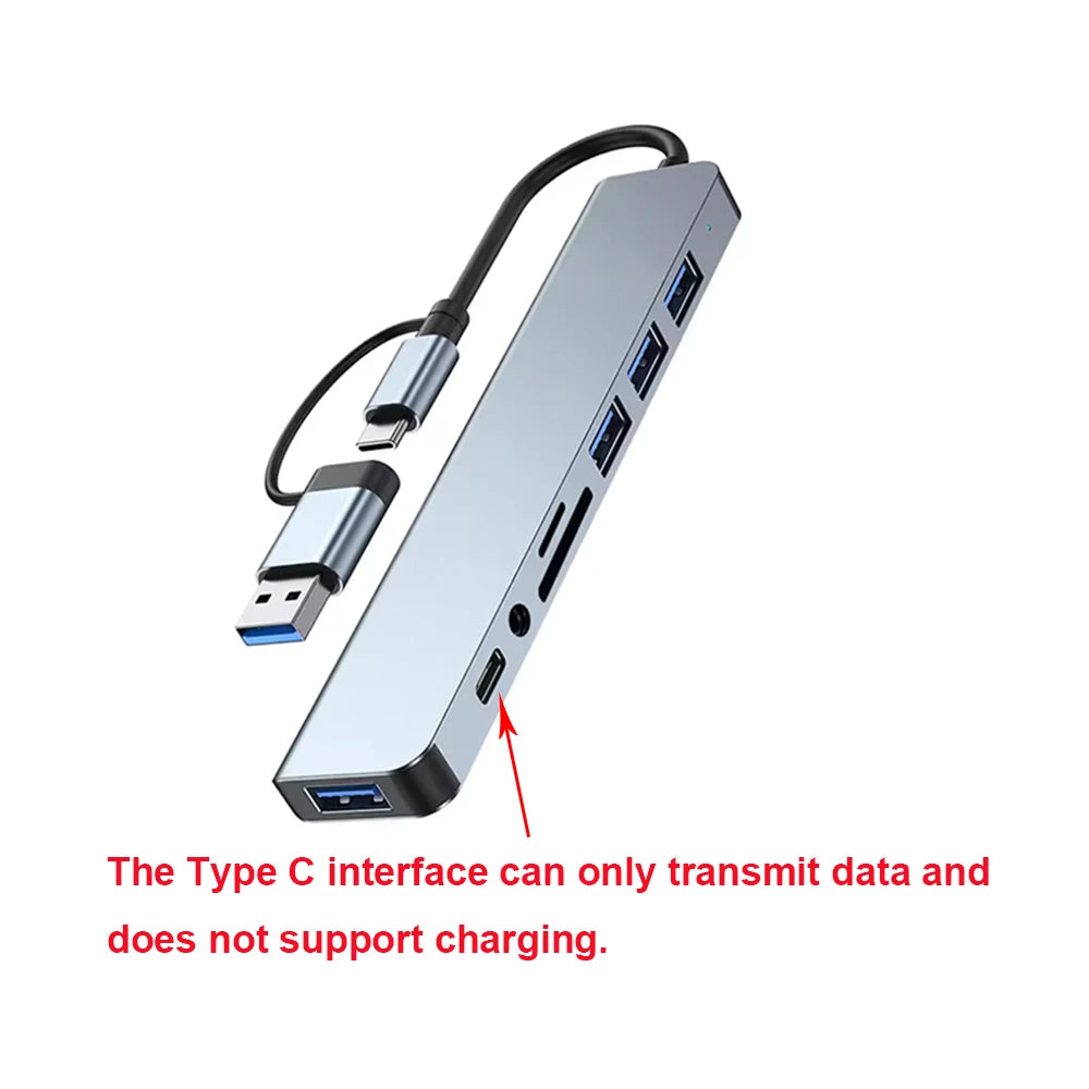 8-in-2 USB + Type-C HUB Docking Station with Audio Jack & Card Reader - Ingrid Just Unique