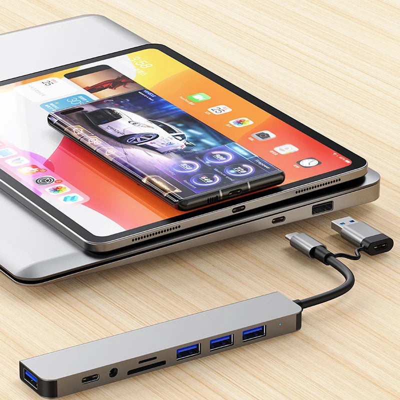 8-in-2 USB + Type-C HUB Docking Station with Audio Jack & Card Reader - Ingrid Just Unique