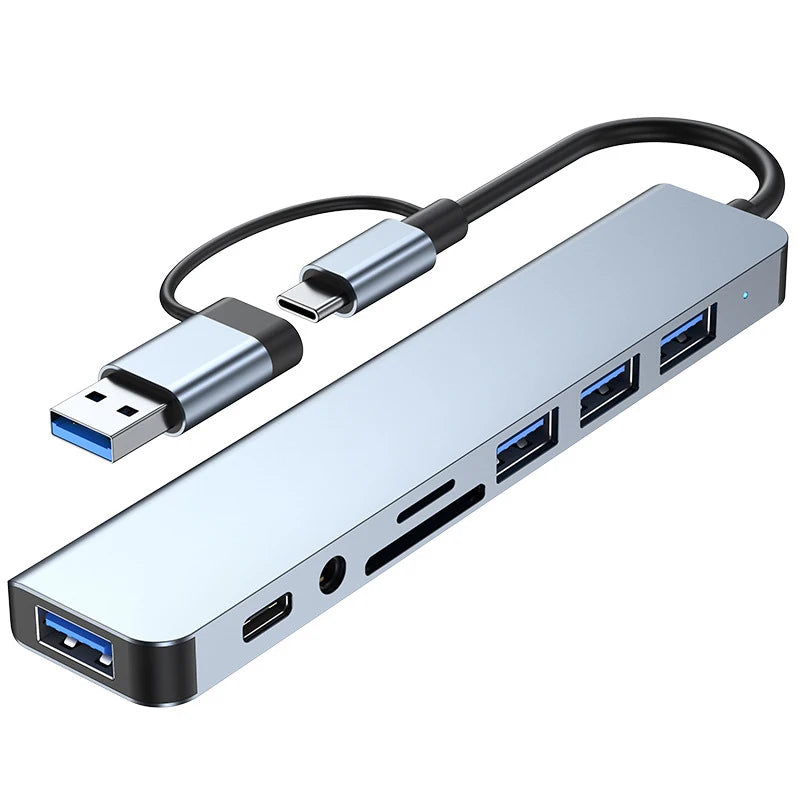 8-in-2 USB + Type-C HUB Docking Station with Audio Jack & Card Reader - Ingrid Just Unique