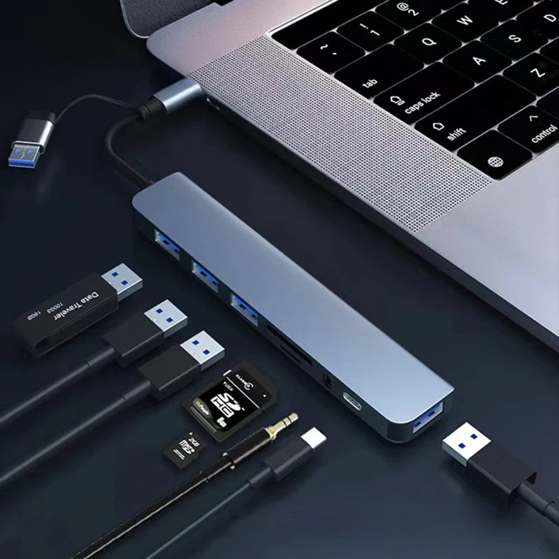 8-in-2 USB + Type-C HUB Docking Station with Audio Jack & Card Reader - Ingrid Just Unique
